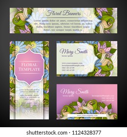 Corporate Identity Set of Floral Templates. Id Cards, Banner, Flyer Design. Beautiful Abstract Flowers, Elegant Feminine Motifs. Vector Illustration. Clipping Mask, Editable