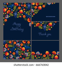 Corporate identity. Set of greeting cards, seamless texture. Motif with birds ravens and flowers. Flat style. Vector illustration.