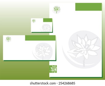 Corporate Identity Set - Letterhead, Business Card, Lotus Flower Shape in Green Colors
