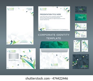 Corporate identity set in low-poly style. Letter Head design, Presentation template, Envelope, Business Card, CD Cover. Vector company style. Turquoise and yellow version