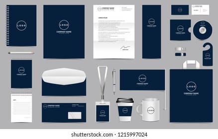 Corporate Identity Set. Stationery Blank Template Design Kit. Branding Template Editable with navy blue background color for Business Company finance vector