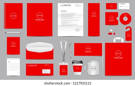 Corporate Identity Set. Stationery Blank Template Design Kit. Branding Template Editable with red background color for Business Company finance vector