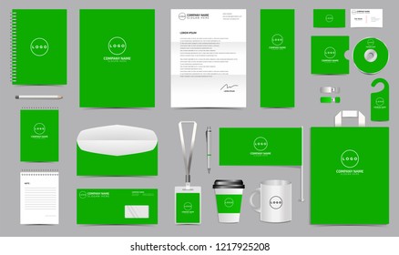 Corporate Identity Set. Stationery Blank Template Design Kit. Branding Template Editable with green background color for Business Company finance vector