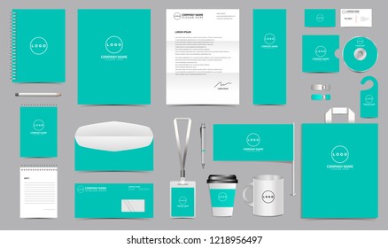 Corporate Identity Set. Stationery Blank Template Design Kit. Branding Template Editable with aqua blue background color for Business Company finance vector