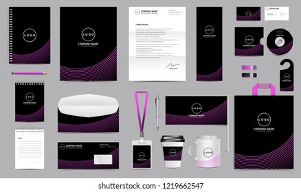 Corporate Identity Set. Stationery Blank Template Design Kit. Branding Template Editable with abstract lines background purple color for Business Company finance vector