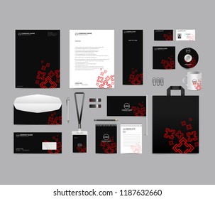 Corporate identity set template design. blank template editable with logo abstract squares texture with black color background. vector company Business Stationery branding mockup eps 10