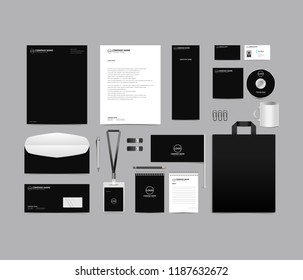 Corporate identity set template design. blank template editable with logo abstract texture with black color background. vector company Business Stationery branding mockup eps 10