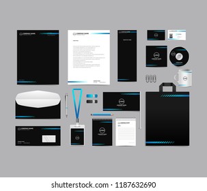 Corporate identity set template design. blank template editable with logo abstract lines with black color background. vector company Business Stationery branding mockup eps 10