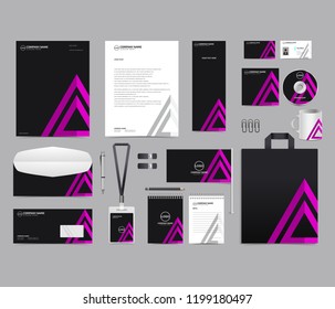 Corporate identity set template design. Stationery Branding template editable with abstract triangle with purple color background. vector company Business mockup eps 10