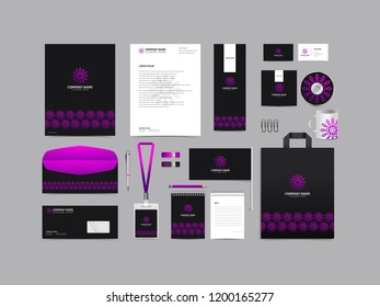 Corporate identity set template design. Stationery Kit Branding template editable with abstract luxury flower tulip logo object with purple color. company Business finance vector mockup eps 10