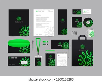 Corporate identity set template design. Stationery Kit Branding template editable with abstract luxury flower tulip logo object with green color. company Business finance vector mockup eps 10