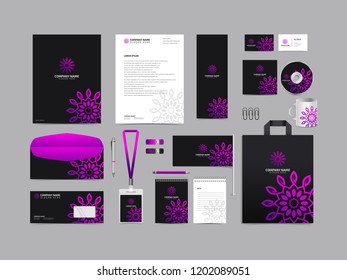Corporate identity set template design. Stationery Kit Branding template editable with abstract luxury flower tulip logo object with purple color. company Business finance vector mockup eps 10