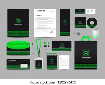 Corporate identity set template design. Stationery Kit Branding template editable with abstract logo flower tulip with green color. company Business finance vector