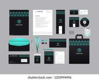 Corporate identity set template design. Stationery Kit Branding template editable with abstract logo flower tulip with green color. company Business finance vector