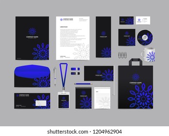 Corporate identity set template design. Stationery Kit Branding template editable with abstract luxury flower tulip logo object with blue color. company Business finance vector mockup eps 10