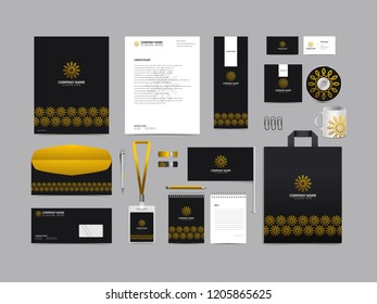 Corporate identity set template design. Stationery Kit Branding template editable with abstract luxury flower tulip logo object with gold color. company Business finance vector mockup eps 10