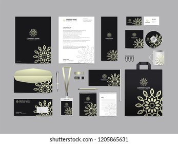 Corporate identity set template design. Stationery Kit Branding template editable with abstract logo flower tulip with green color. company Business finance vector