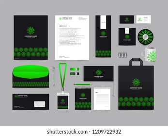 Corporate identity set template design. Stationery Kit Branding template editable with abstract luxury flower tulip logo object with green color. company Business finance vector mockup eps 10
