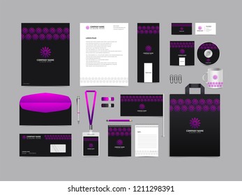 Corporate identity set template design. Stationery Kit Branding template editable with abstract luxury flower tulip logo with purple color. company Business finance vector eps 10