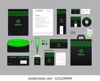 Corporate identity set template design. Stationery Kit Branding template editable with abstract luxury flower tulip logo with green color. company Business finance vector eps 10