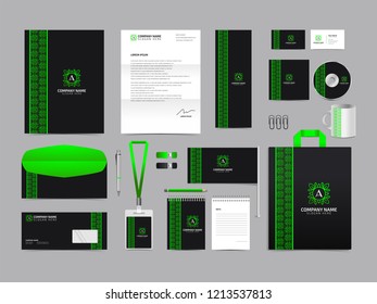 Corporate identity set template design. Stationery Kit Branding template editable with abstract luxury flower floral logo with green color. company Business finance vector eps 10
