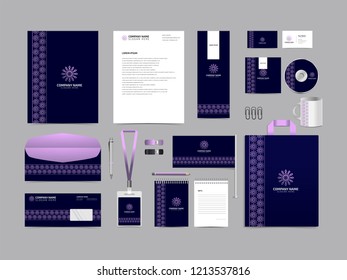 Corporate identity set template design. Stationery Kit Branding template editable with abstract luxury flower floral logo with purple color. company Business finance vector eps 10
