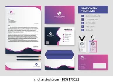 Designs für Corporate Identity Set-Vorlagen. Briefmarkensatz-Branding-Vorlage, bearbeitet mit violetter Wellenfarbe