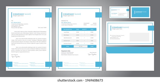 corporate identity with simple line design, including letterhead, invoice, business card and envelope