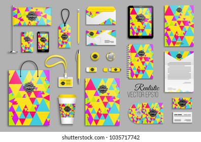 Corporate identity spring colors triangles template set. Business stationery mock-up with logo. Branding design. Colorful geometric background.