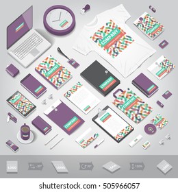 Corporate identity stationery objects print template. Isometric style. Vector illustration.