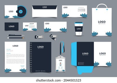 Corporate identity, stationery set template with digital elements. 
Editable vector illustration: folder, mug, card, envelope etc