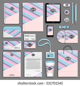 Corporate identity striped template set. Business stationery mock-up with logo. Branding design. Memphis texture. Colorful geometric background.