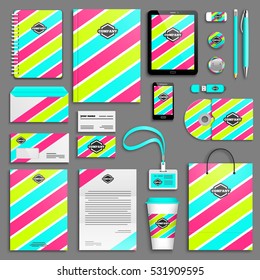Corporate identity striped template set. Business stationery mock-up with logo. Branding design. Memphis texture. Colorful geometric background.