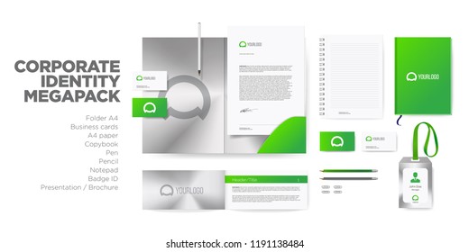 Corporate Identity Style with Logo Branding. Visit Card, A4 Folder and Letter, Presentation and Badge, Envelope and Book. Stationery Mockup Megapack Set Vector. Green Color.