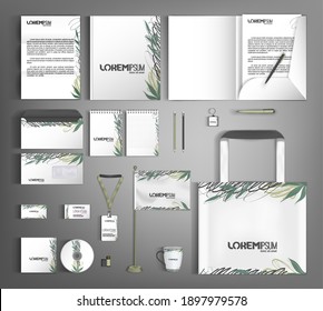 Corporate identity template with abstract and floral decor elements. Fashionable textures and strokes. Vector illustration