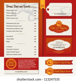 Corporate identity template for bakery and cafe with layouts for business card, label, menu, today's special icon and ribbon