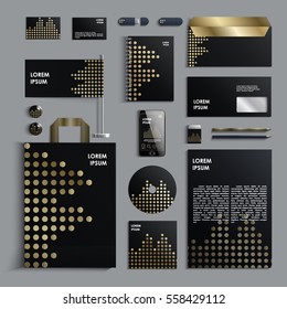 Corporate identity template in black color with pattern of circles in gold. Vector company style for brandbook and guideline. EPS 10