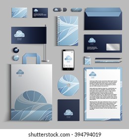 Corporate identity template in blue colors with cloud logo. Vector company style for brand book and guideline. EPS 10