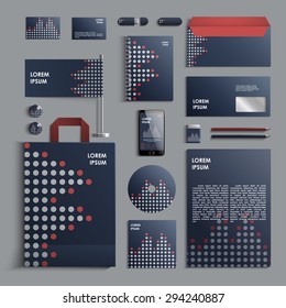 Corporate identity template in blue and grey colors with pattern of circles. Vector company style for brandbook and guideline. EPS 10