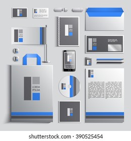 Corporate identity template in blue and grey colors with rectangle elements. Vector company style for brandbook and guideline. EPS 10