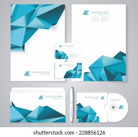 Corporate identity template with blue polygonal design elements. Documentation for business. 