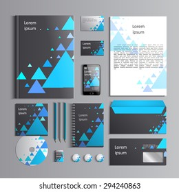 Corporate identity template with blue triangles on grey background. Vector company style for brandbook and guideline. EPS 10