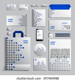 Corporate identity template in blue and white colors with pattern of circles. Vector company style for brandbook and guideline. EPS 10