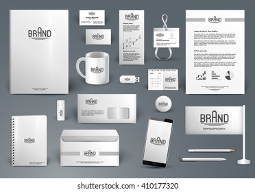 Corporate identity template. Branding design with logo.  Letter envelope, card, catalog, pen, pencil, badge, paper cup, smartphone, letterhead, calendar