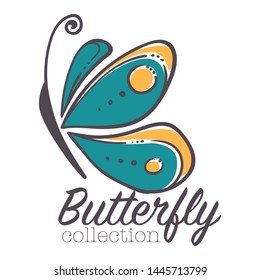 Corporate identity template butterfly insect isolated icon vector blue wings beauty salon emblem or logo wild flying animal cosmetic brand fashion and health fitness club symbol with lettering.