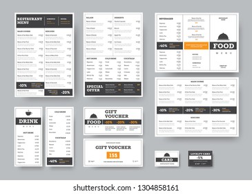 Corporate identity template for cafes and restaurants with horizontal design elements. Set of printed products of A4 format, three-fold, gift voucher and customer card. Vector illustration