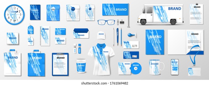 Corporate identity template with classic blue color elements. Realistic Business Stationery mockup with abstract geometric design for your brand. Vector illustration