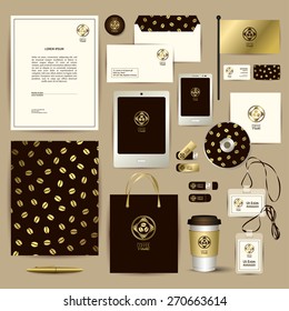 Corporate identity template for a coffee house. Folder, pen, magnet, envelope, flag, phone, tablet interface, name card, disc with packaging, flash memory cards, bag, coffee cup holder, badges. Vector