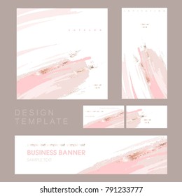 Corporate identity template for company. Invitation to a company event. Cover product catalog. Business card. Brush strokes in gentle pastel colors on a white background.