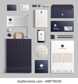 Corporate identity template in dark blue and beige colors with geometric pattern. Vector company style for brand book and guideline. EPS 10